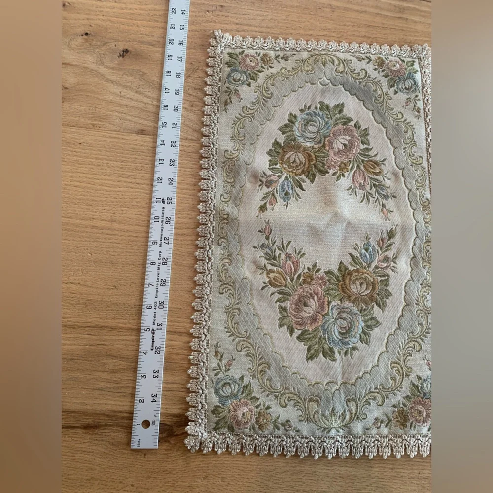 Vintage Victorian Embroidered Table Runner Pink Green Ivory Res Backing Lace Pre